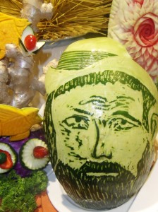 Portrait of Charles Darwin, famous Galapagos visitor, carved by Ecoventura chef.