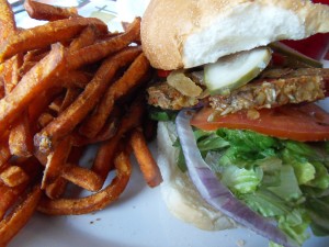 House-made veggie burger at Shipwrecked Brew Pub. With sweet potato fries, to get your Vitamin A and grease quota at the same time!