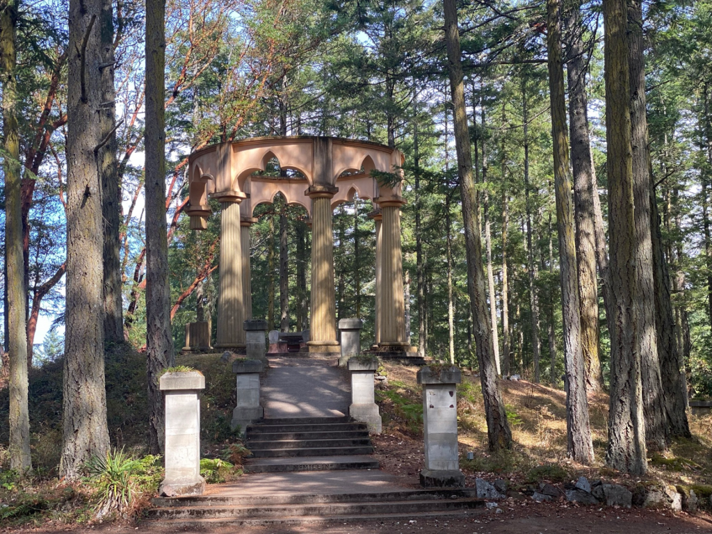 The mausoleum and surrounding woods.