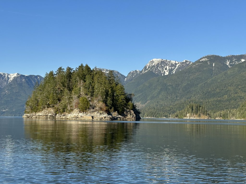 A small, forested island in Desolation Sound, British Columbia.