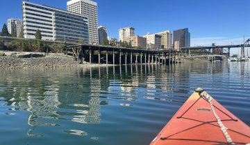 a kayak in water with tall buildings